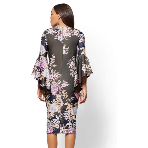 NY & CO Stretch Floral Hunter Green Midi Sheath Dress - Size L - Picture 2 of 8